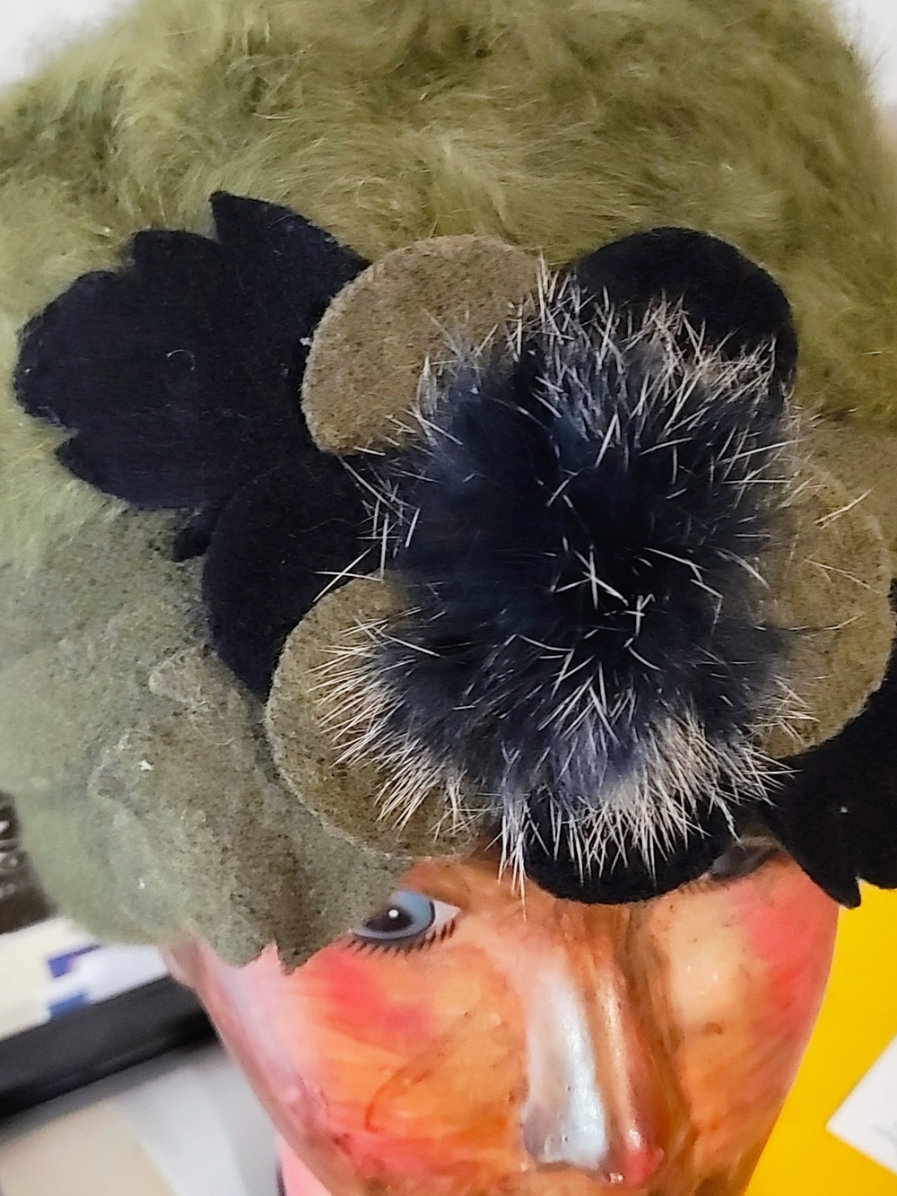 Olive Green Floral Felt Women's Hat with Black Fur Pom